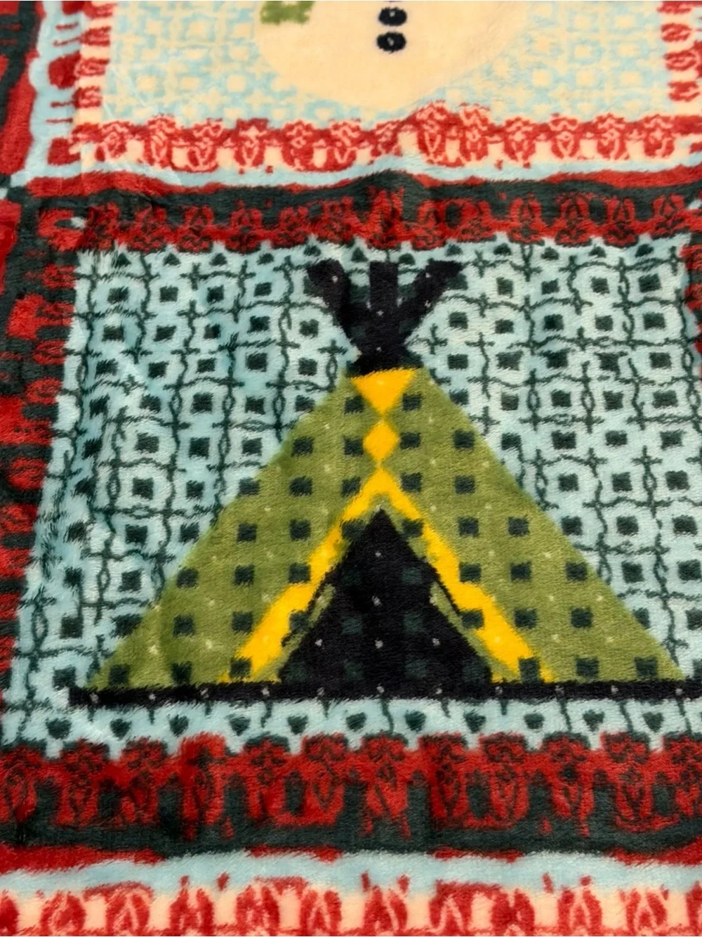 St. Labre Indian School Christmas Snowman and Teepee plush Throw Blanket.